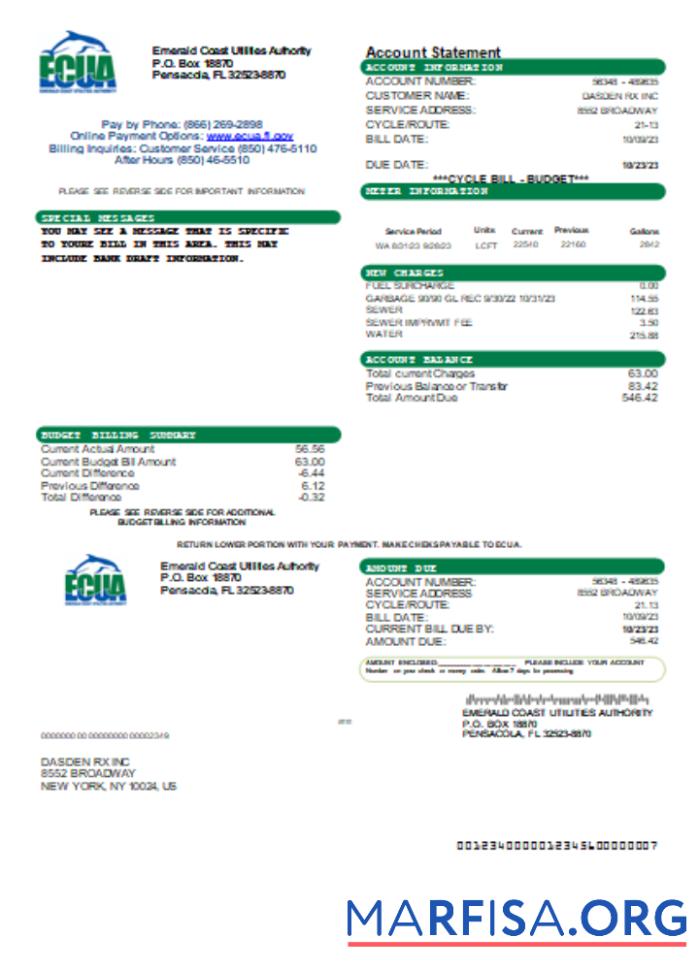 Realistic Emerald Coast Utilities Authority (ECUA) utility business bill, SCR sample